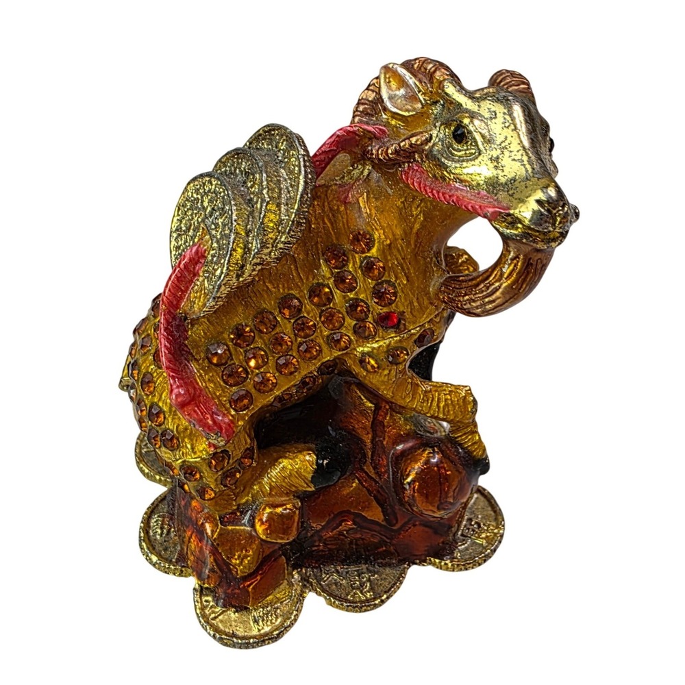 Chinese‎ Zodiac Ram Goat Trinket Box Enamel Crystal Prosperity Figurine 3.25" S3